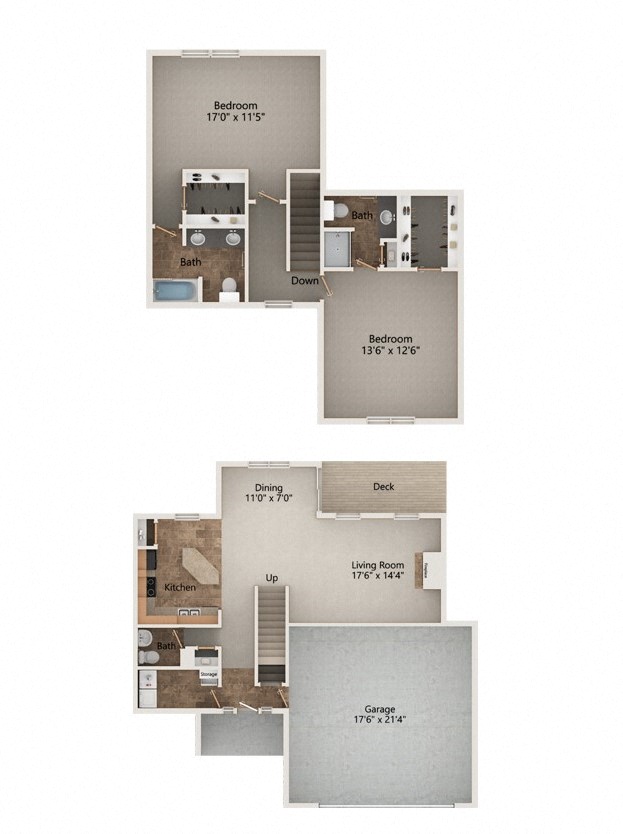 Floor plan for 2 beds, 2.5 baths, 1538 sqft